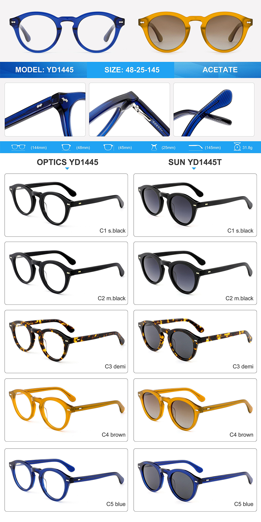 Wholesale Acetate Sunglasses-YD1445T Gafas de sol de acetato al por mayor-YD1445T