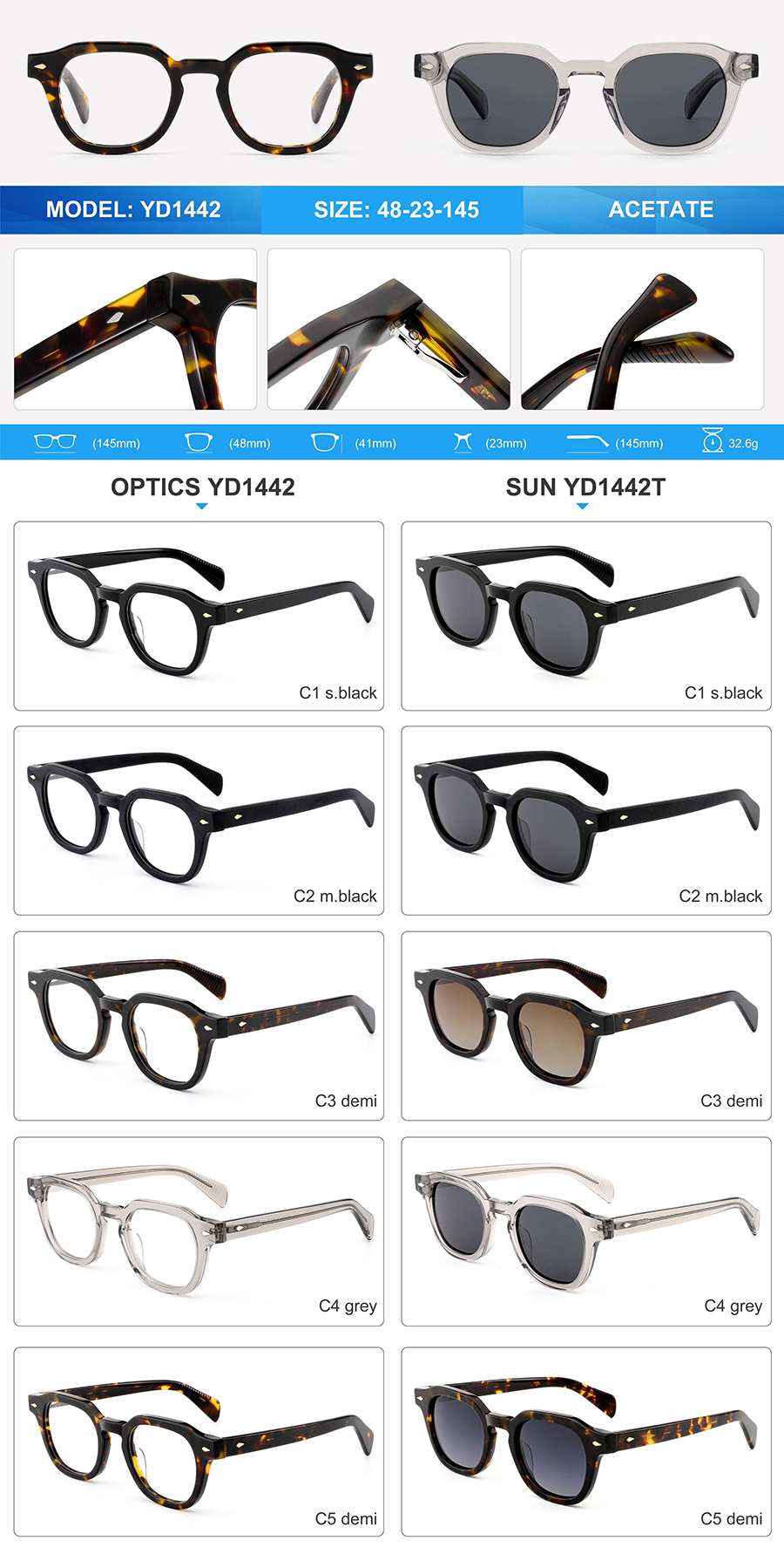 Venta al por mayor Gafas de sol de acetato-YD1442T