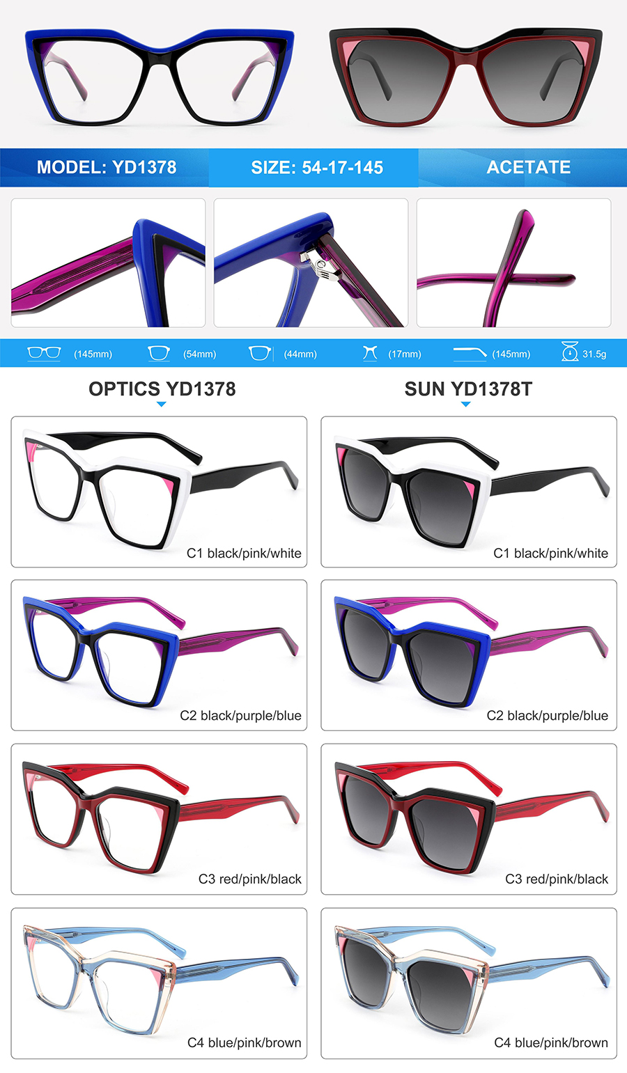 Gafas de sol de acetato al por mayor-YD1378T