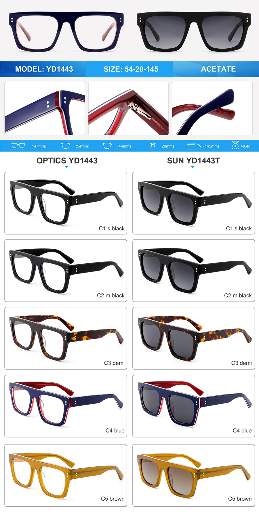 Venta al por mayor Gafas de sol de acetato-YD1443T