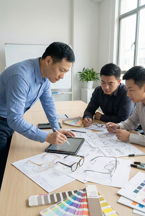 Equipo de diseñadores de gafas que desarrolla marcos ópticos personalizados OEM ODM