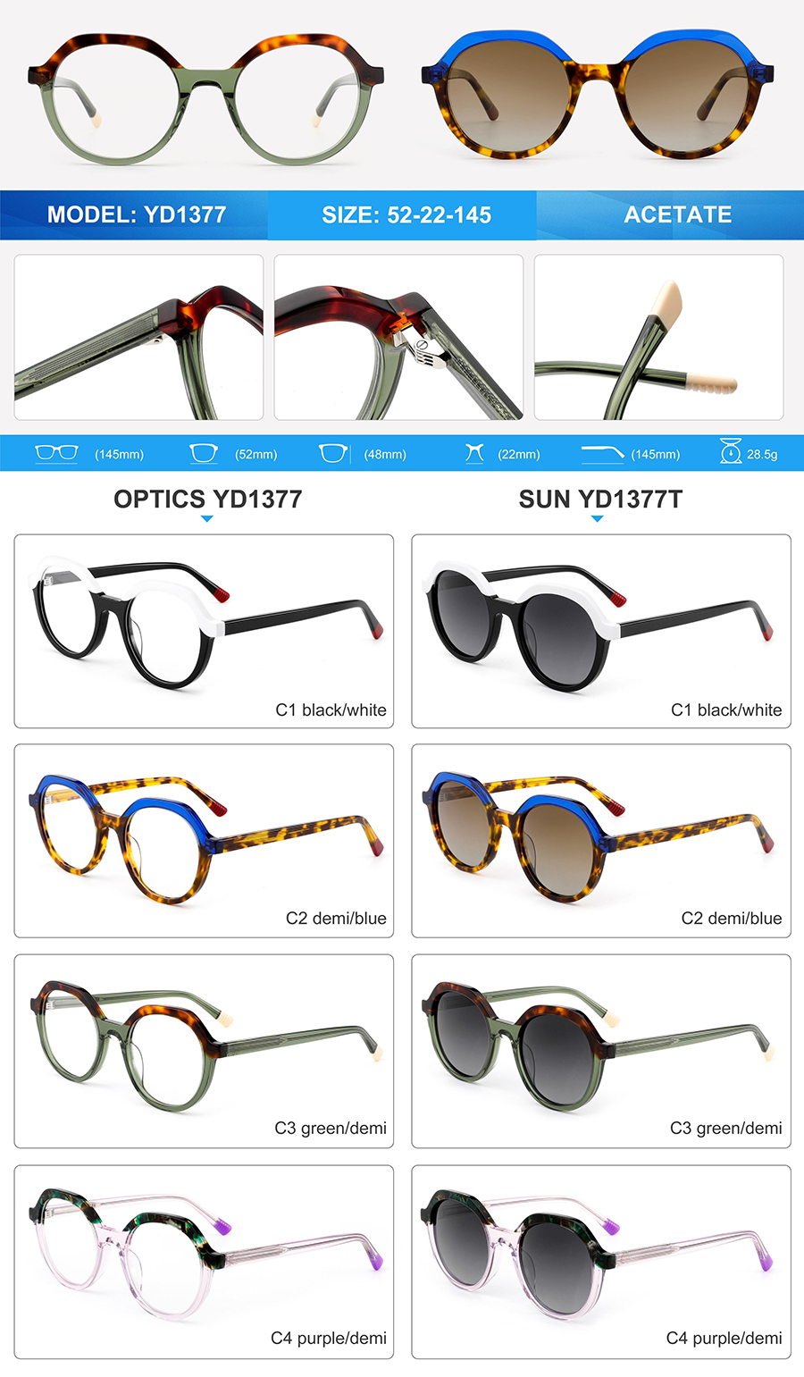 Gafas de sol de acetato al por mayor-YD1377T