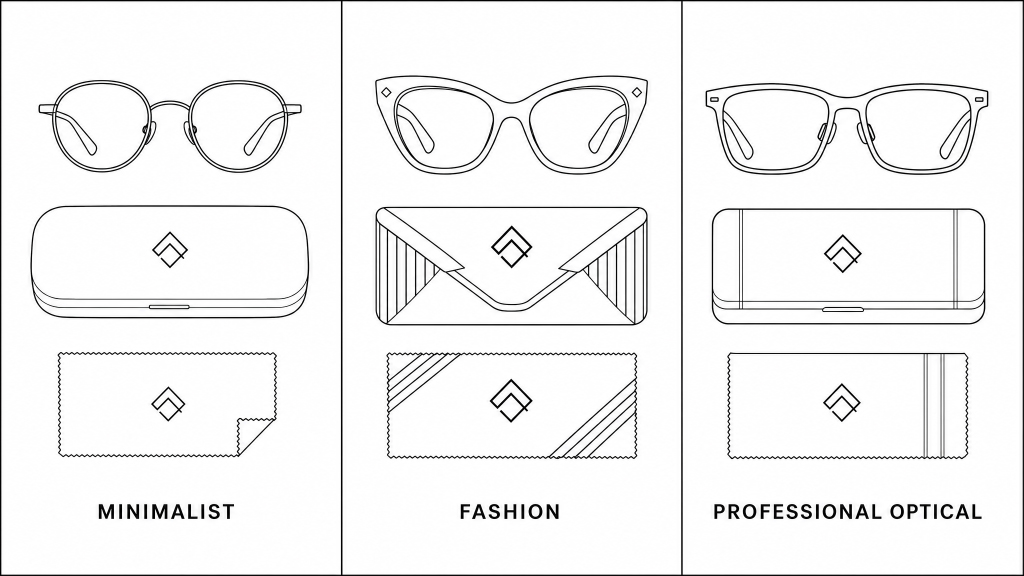 Estilos de empaque de marca &oacute;ptica minimalistas, de moda y profesionales que utilizan estuches para gafas y pa&ntilde;os de microfibra coordinados.jpg