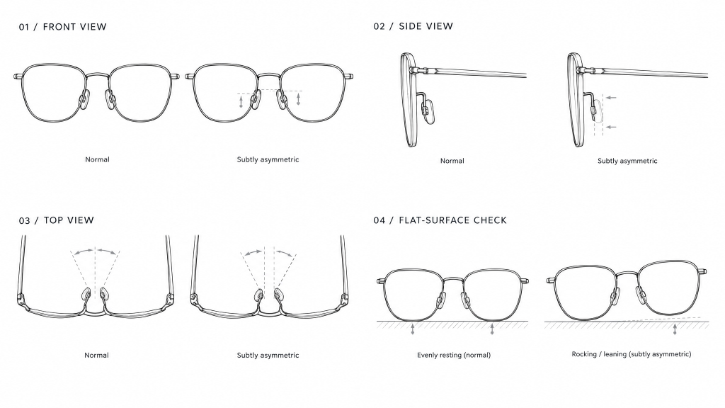 Cuatro formas de comprobar la alineaci&oacute;n del brazo de la almohadilla nasal en monturas de gafas al por mayor.jpg