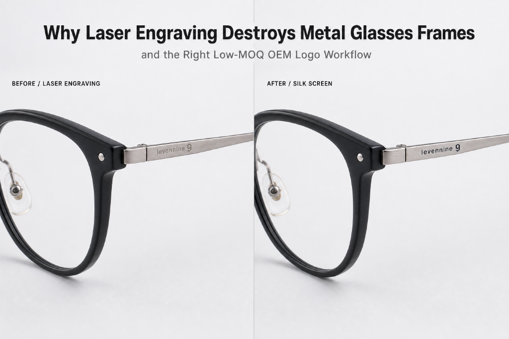 Por qué el grabado láser destruye las monturas metálicas de las gafas y el flujo de trabajo adecuado para logotipos OEM de bajo MOQ